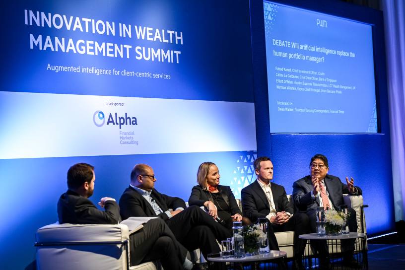 Fahad Kamal, Céline Le Cotonnec, Elliott O’Brien and Norman Villamin onstage at the Innovation in Wealth Management Summit in London