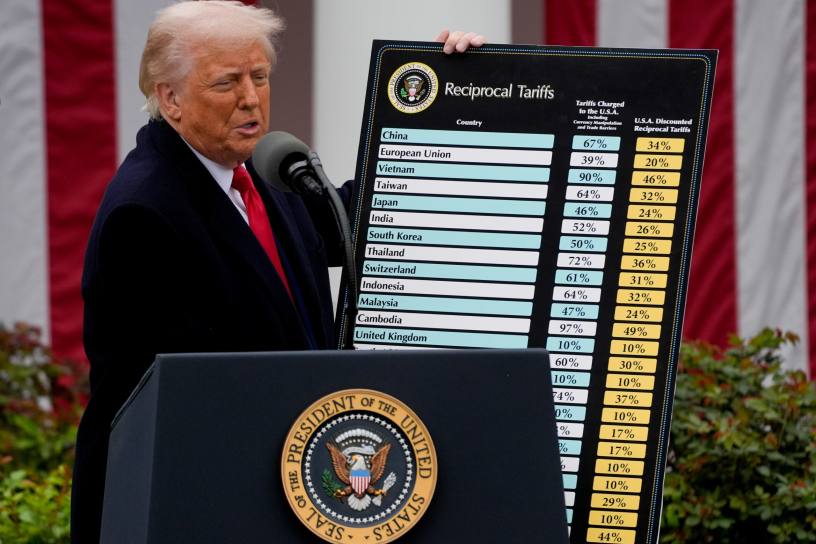 Donald Trump holds a reciprocal tariffs poster during his tariff announcement in the Rose Garden of the White House in Washington on Wednesday, April 2, 2025. Image: Kent Nishimura/Bloomberg